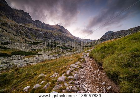 Hiking Trail in the Mountains in the Evening. Mlynicka Valley High Tatra Slovakia.