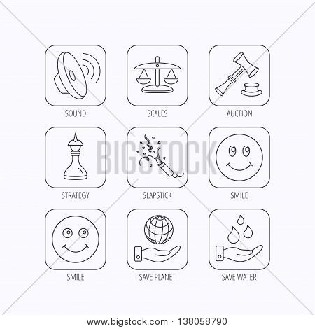Scales of justice, auction hammer and strategy icons. Save planet and water linear signs. Smile, slapstick icons. Flat linear icons in squares on white background. Vector