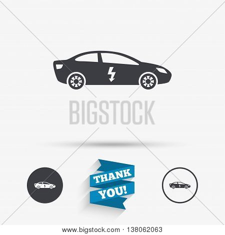 Electric car sign icon. Sedan saloon symbol. Electric vehicle transport. Flat icons. Buttons with icons. Thank you ribbon. Vector