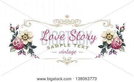 Vector floral label with a frame composed of detailed flowers illustrations.