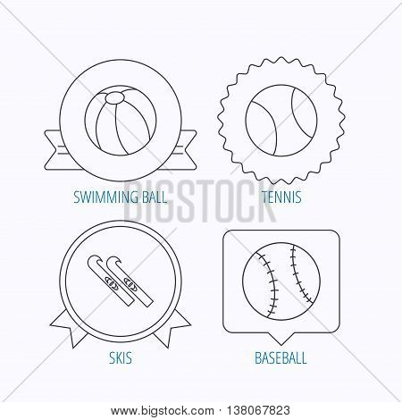 Swimming ball, tennis and baseball icons. Skis linear sign. Award medal, star label and speech bubble designs. Vector