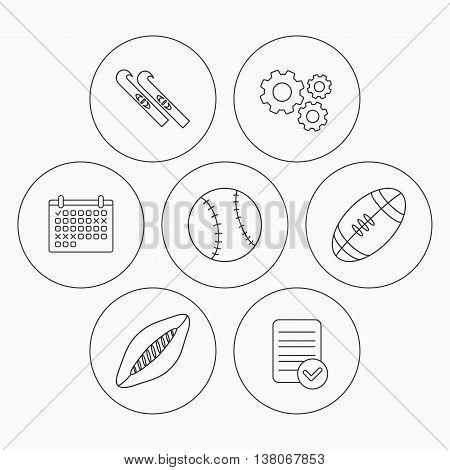 Sport fitness, rugby ball and baseball icons. American footbal, skis linear signs. Check file, calendar and cogwheel icons. Vector
