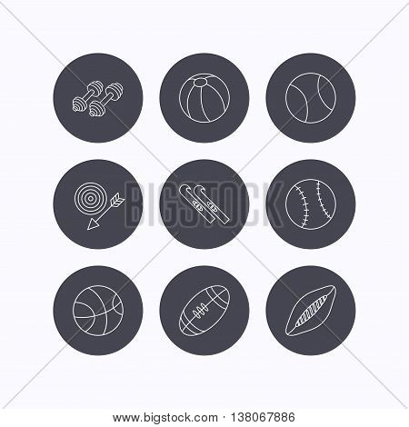 Sport fitness, tennis and basketball icons. Baseball, skis and American footbal signs. Rugby, swimming or pilates ball icons. Flat icons in circle buttons on white background. Vector