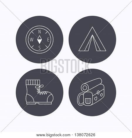 Backpack, camping tend and hiking boots icons. Compass linear sign. Flat icons in circle buttons on white background. Vector