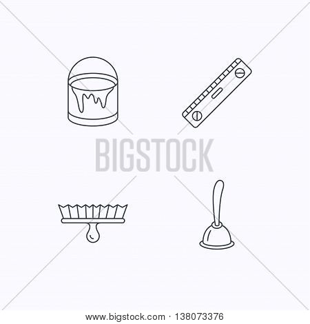 Level tool, plunger and brush tool icons. Bucket of paint linear sign. Flat linear icons on white background. Vector