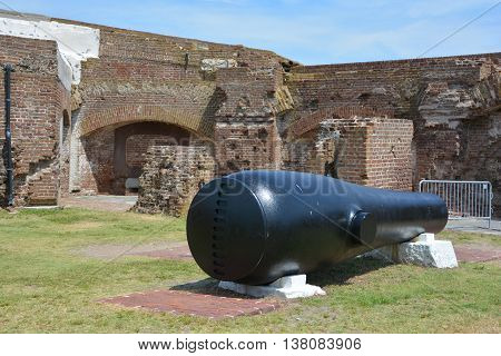 CHARLESTON SC 06 25 2016: Canon Fort Sumter is a sea fort in Charleston notable for 2 battles of the American Civil War. was one of a number of many special forts planned after the War of 1812