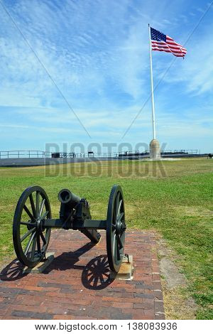 CHARLESTON SC 06 25 2016: Canon Fort Sumter is a sea fort in Charleston notable for 2 battles of the American Civil War. was one of a number of many special forts planned after the War of 1812