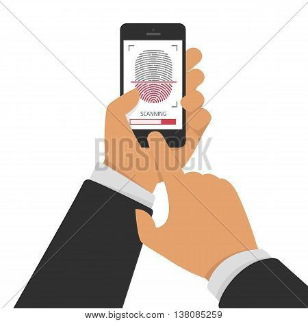 Vector illustration of identification of fingerprint on smartphone in flat style. Concept of illustration of identification of the user on a fingerprint in the mobile phone. Scannings of a fingerprint