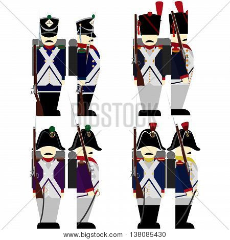 French Army soldiers in uniforms and weapons were used in the 1812 war. The illustration on a white background.