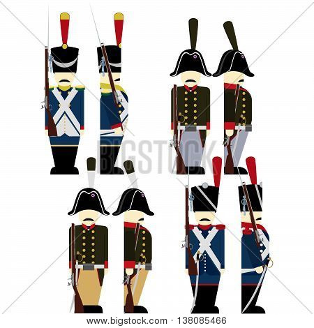 French Army soldiers in uniforms and weapons were used in the 1812 war. The illustration on a white background.