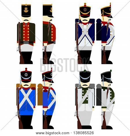 French Army soldiers in uniforms and weapons were used in the 1812 war. The illustration on a white background.