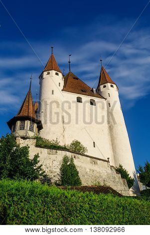 View Of Thun Medieval Castle In The Thun City, In Swiss Canton Of Bern, Where The Aare River Flows O
