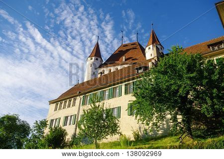 View Of Thun Medieval Castle In The Thun City, In Swiss Canton Of Bern, Where The Aare River Flows O