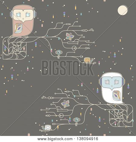 Two owls under colorful snow. Seamless pattern. vector