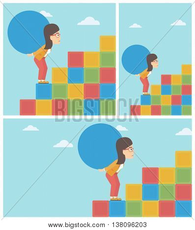 Tired woman rising up on the colored cubes and carrying a big stone on her back. Young woman with huge concrete ball going up. Vector flat design illustration. Square, horizontal, vertical layouts.