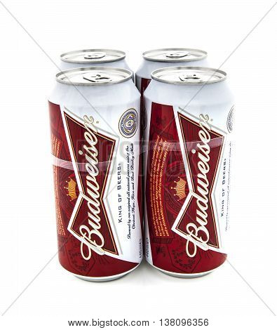 SWINDON UK - JANUARY 28 2014: Four Pack of Budweiser beers on a white background