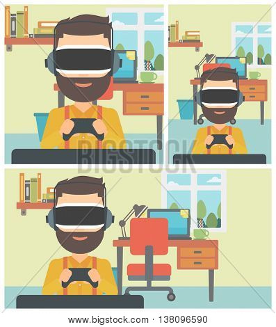 A hipster man with the beard wearing a virtual reality headset. Young man playing video game with game controller in hands. Vector flat design illustration. Square, horizontal, vertical layouts.