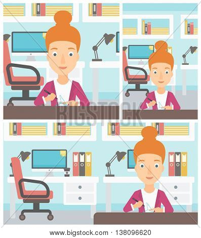Young woman making a model with a 3D pen. Woman drawing geometric shape by 3d pen. Engineer working with a 3 dimensional pen. Vector flat design illustration. Square, horizontal, vertical layouts.