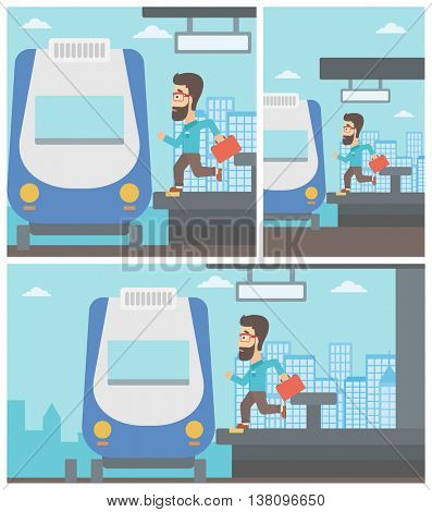 Latecomer man with briefcase running along the platform to reach the train. Hipster man came too late at train station. Vector flat design illustration. Square, horizontal, vertical layouts.