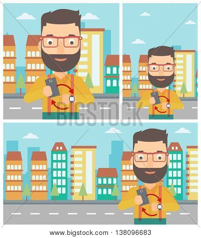 Hipster man with the beard holding smartphone and looking at his smart watch. Synchronization between smartwatch and smartphone. Vector flat design illustration. Square, horizontal, vertical layouts.