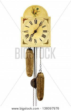Antique wall clock isolated, with iron pendular, made in 1879, (focus on center)