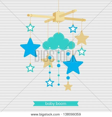 Baby shower invitation template. Illustration of baby mobile: stars and clouds. Isolated baby mobile for scrap booking cards baby shower. Vector baby mobile.