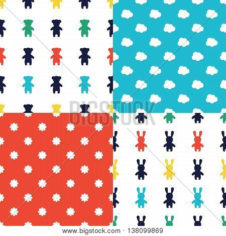 Scandinavian seamless pattern set. Newborn seamless patterns with bears and hares. Kids background. Vector seamless baby pattern. Perfect for kids bed linen baby cotton kids wallpaper.