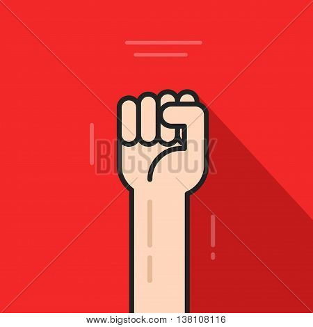 Fist hand up vector icon isolated on red background, revolution logo idea, freedom symbol, soviet concept, flat cartoon line art outline illustration