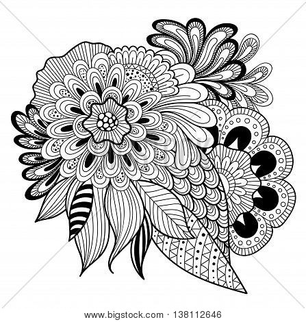 Zen-doodle or Zen-tangle floral pattern. Composition in Indian style. Vector illustration.