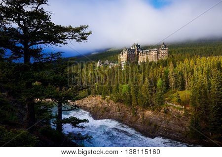 View of Fairmont Banff Springs Hotel from surprise corner in Banff Alberta Canada