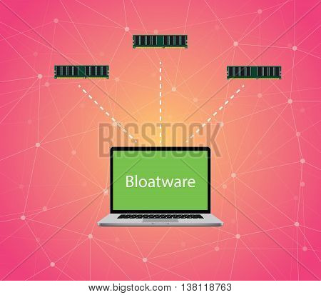 bloatware concept with laptop with text on screen and ram linked with laptop vector graphic illustration