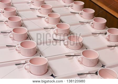 rows lots of cup coffee in preparation Food Break :Ideal use for background: