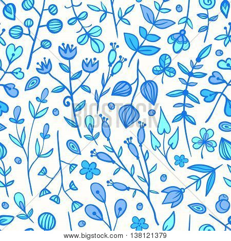 Cute and stylish winter seamless pattern with different floral elements