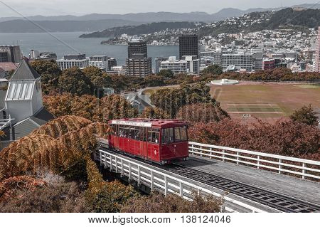 Wellington New Zealand - March 2 2016: The Wellington Cable Car a funicular railway in Wellington New Zealand retouched as old postcard style
