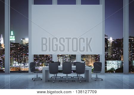 Conference room interior with blank white billboard on panoramic window with illuminated night city view. Mock up 3D Rendering