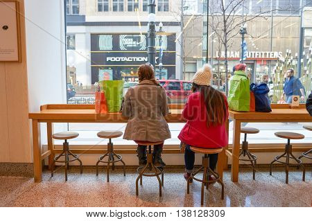 CHICAGO, IL - CIRCA MARCH, 2016: women at Pret a Manger. Pret a Manger is a sandwich shop chain based in the United Kingdom