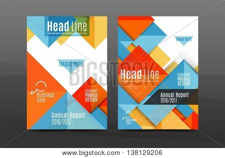 Squares and triangles annual report cover template. Color business brochure vector template, front page, A4 size, leaflet abstract background, magazine design, flyer layout