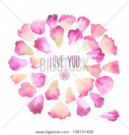 Vintage watercolor greeting card with floral petals. Love You with place for your text. Digital aquarelle illustration created with brushes.
