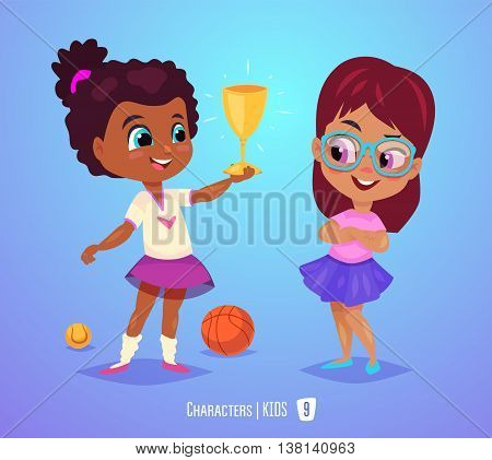 Cute Girls. Back to School isolated cartoon character on blue background. Girl with prize. Great illustration for a school books and more. VECTOR stock illustration.