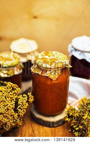 Homemade Strawberry Pits. Dessert Made Of Must And Flour Placed Inside Small Jars. Homemade Raspberr