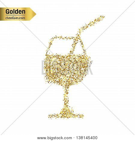 Gold glitter vector icon of a glass of drink isolated on background. Art creative concept illustration for web, glow light confetti, bright sequins, sparkle tinsel, abstract bling, shimmer dust, foil.