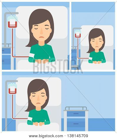 Young woman lying in bed at hospital ward with equipment for blood transfusion. Vector flat design Illustration. Square, horizontal, vertical layouts.