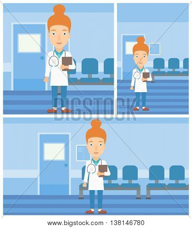 Female friendly doctor with stetoscope standing in hospital corridor and carrying folder of patient or medical information. Vector flat design Illustration. Square, horizontal, vertical layouts.
