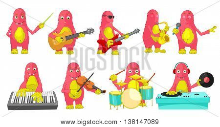Set of cute big pink monsters conducting with baton, singing, playing guitar, saxophone, drum, synthesizer, violin, mixing music on turntables. Vector illustration isolated on white background.