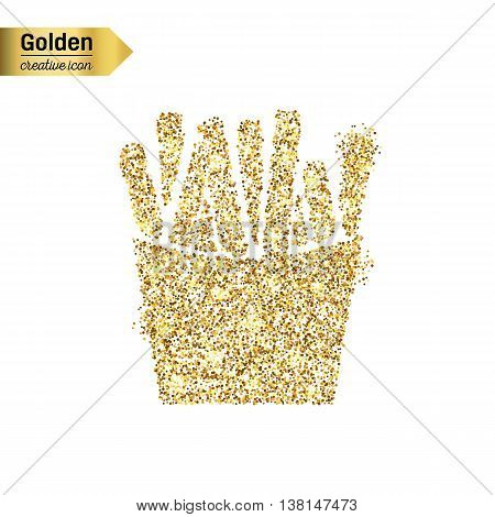 Gold glitter vector icon of French fries isolated on background. Art creative concept illustration for web, glow light confetti, bright sequins, sparkle tinsel, abstract bling, shimmer dust, foil.