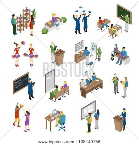 Pupils students graduates and teachers at school college and university isometric set isolated vector illustration