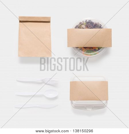 Design Concept Of Mockup Salad, Bag And Container Box Set Isolated On White Background. Copy Space F