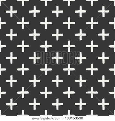 Hand drawn geometric seamless ink pattern with brush strokes. Wrapping paper. Abstract vector background. Brush strokes. Texture with crosses or pluses. Dry brush. Rough edges ink illustration.