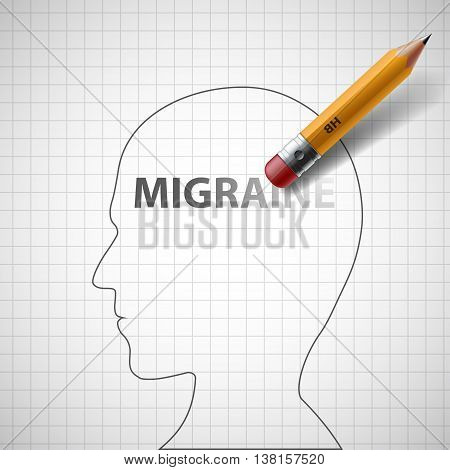 Pencil erases the word migraine in the human head. Stock vector illustration.