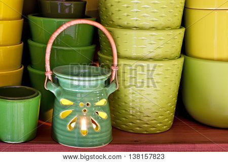 new ceramic flowerpots in the florist store